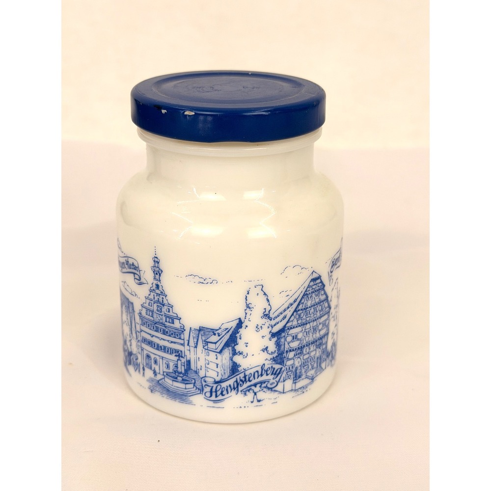 Vintage Hengstenberg Esslingen am Neckar Milk Glass Mustard Jar Blue White Lid